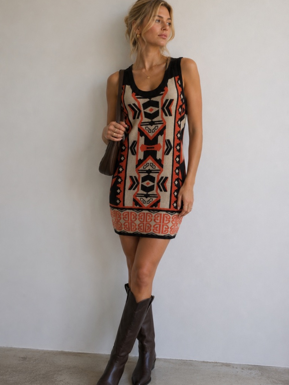 t/o Sweaters Knit Dress L Black Orange Tribal Print Sleeveless Boho